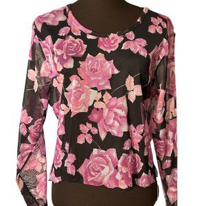 Sun Streak by Newport News Black Pink Floral Long Sleeve Women’s Shear Size Lg